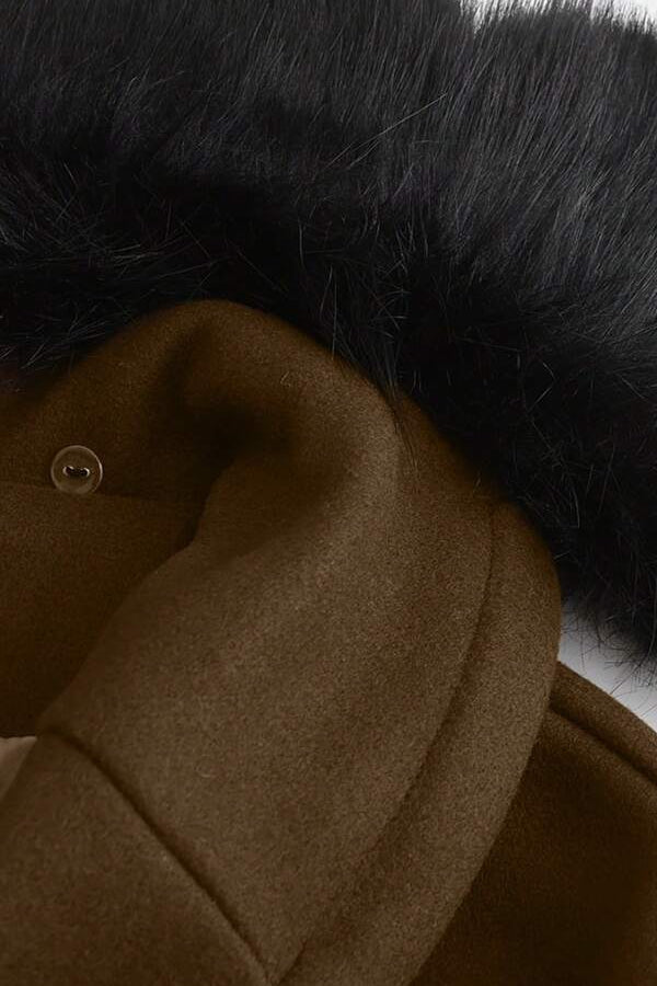 Close-up of HARLENE Wool Blend Double-Breasted Coat showing removable black faux fur collar and tobacco wool texture.