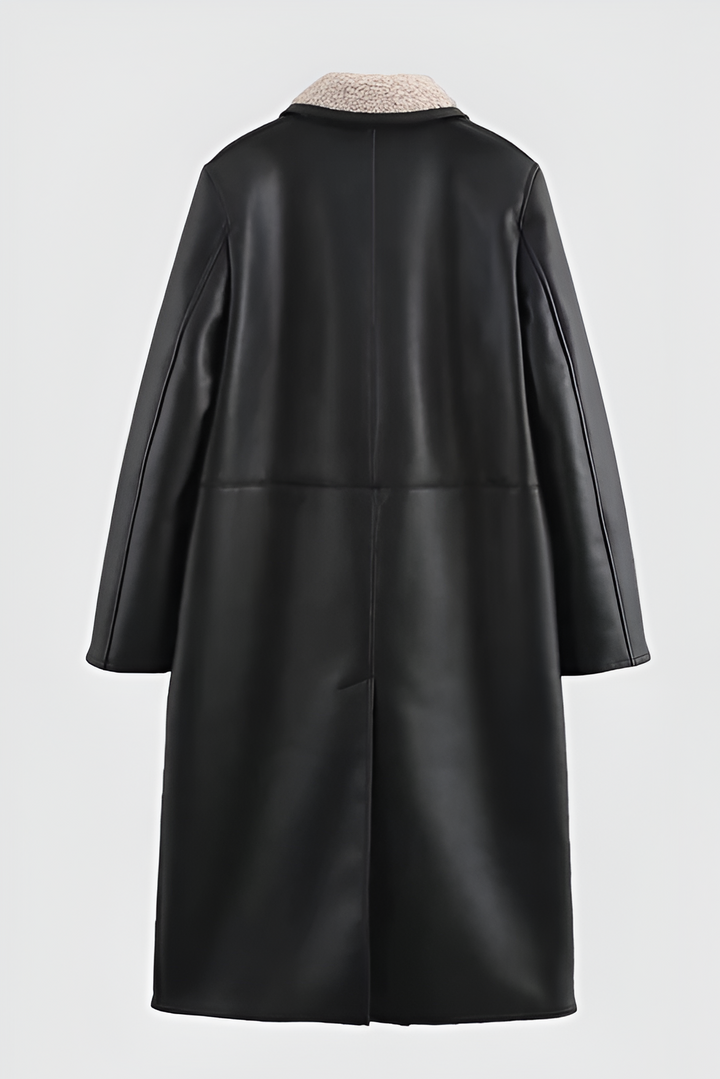 Faux Leather Fur Collar Long Coat