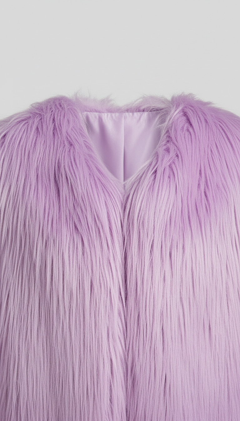 Faux fur coat for women in short loose fit, purple shade, front view on hanger.