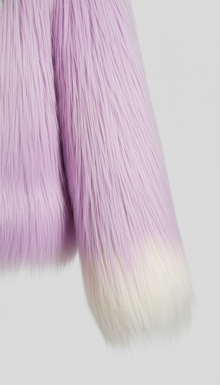 Faux fur coat for women in short loose fit, purple shade, front view on hanger.