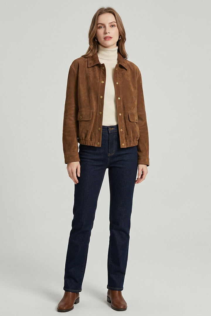 KENDALL - Brown suede leather jacket, full shot