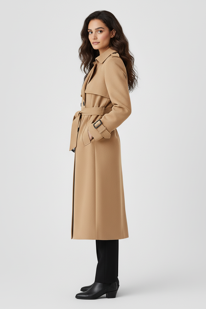 Woman wearing a beige trench coat on a white background