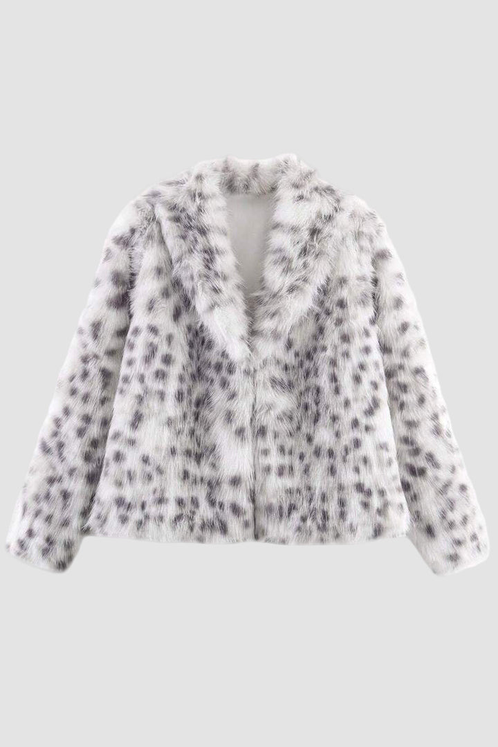 Fluffy white jacket with black pattern on a white background