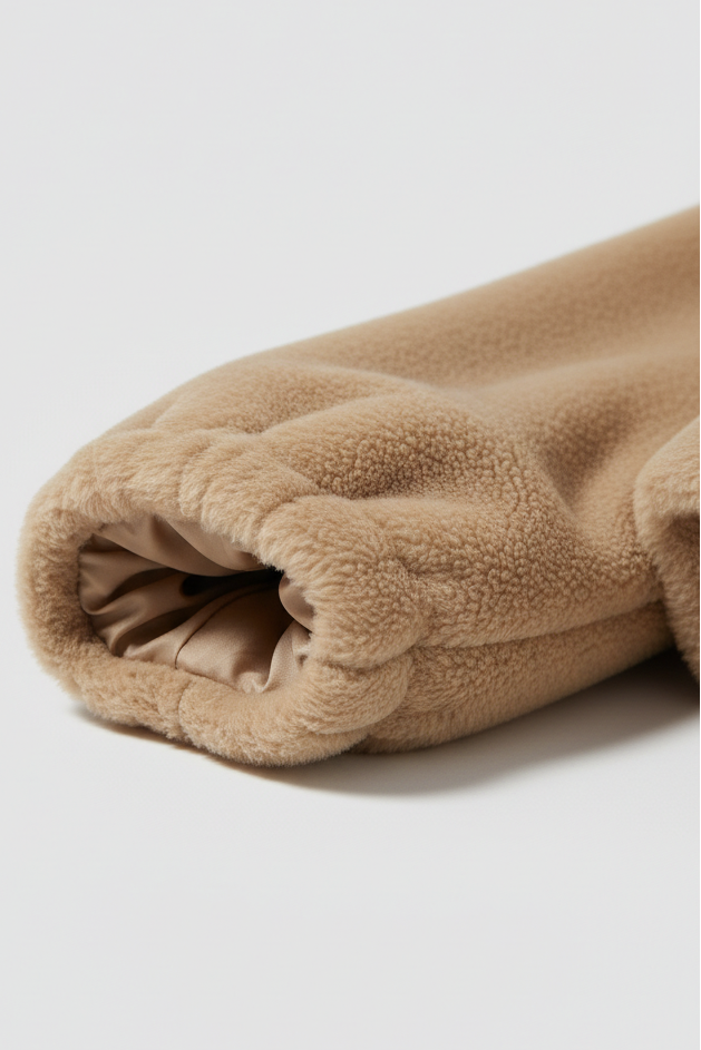 Folded beige fleece blanket on a light gray background