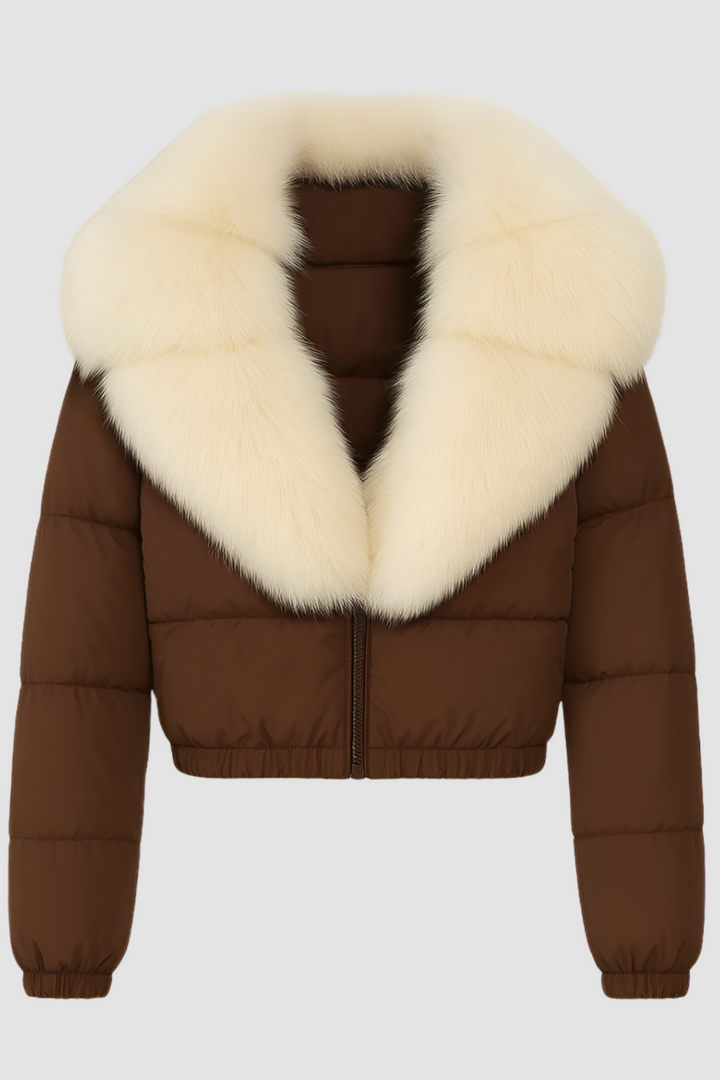 Dalvyn Women's Puffer Jacket with White Fox Fur Collar – Studio Front Brown