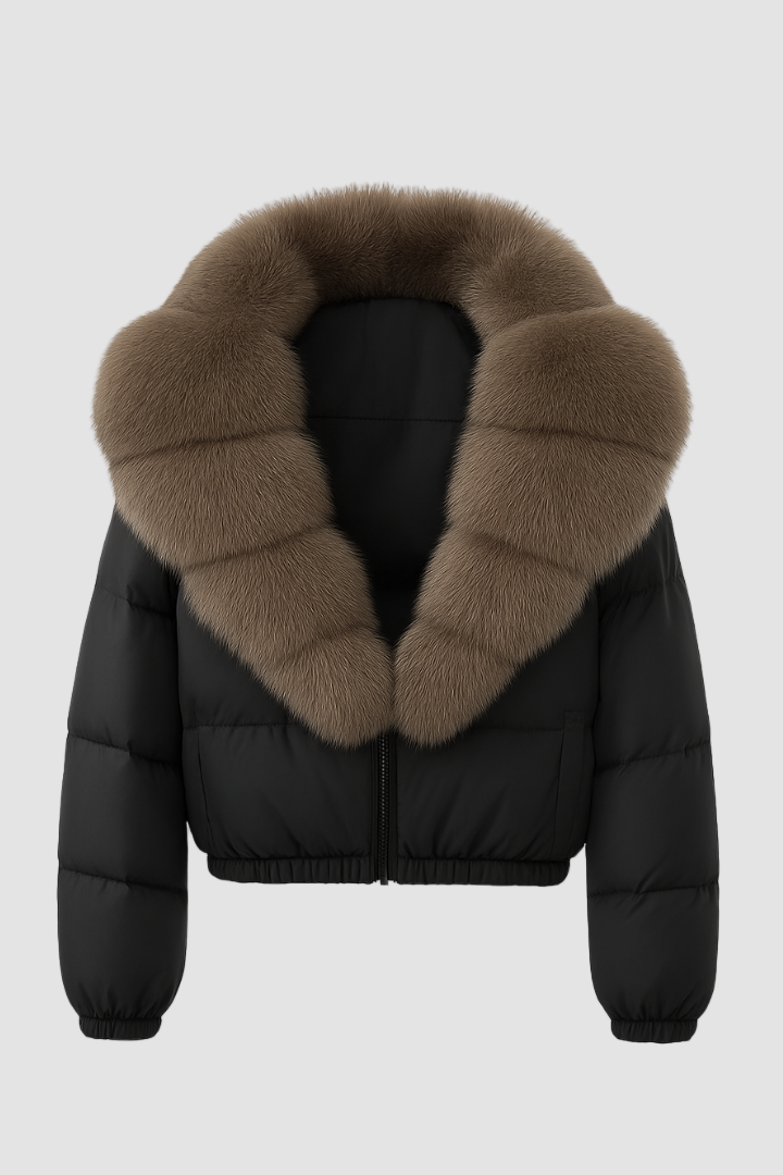 Dalvyn Women's Puffer Jacket with Fox Fur Collar – Studio Front Black