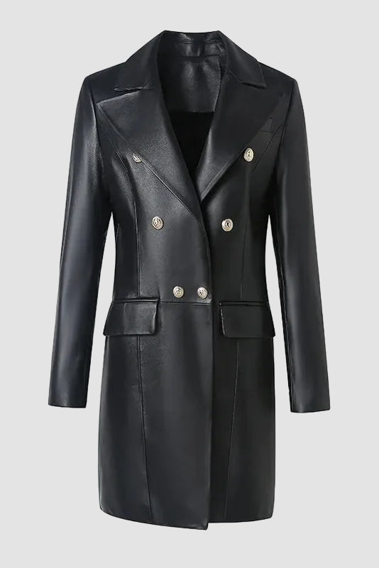 Freya - Suit Collar Leather Coat, Double-breasted, Black, Gold Buttons