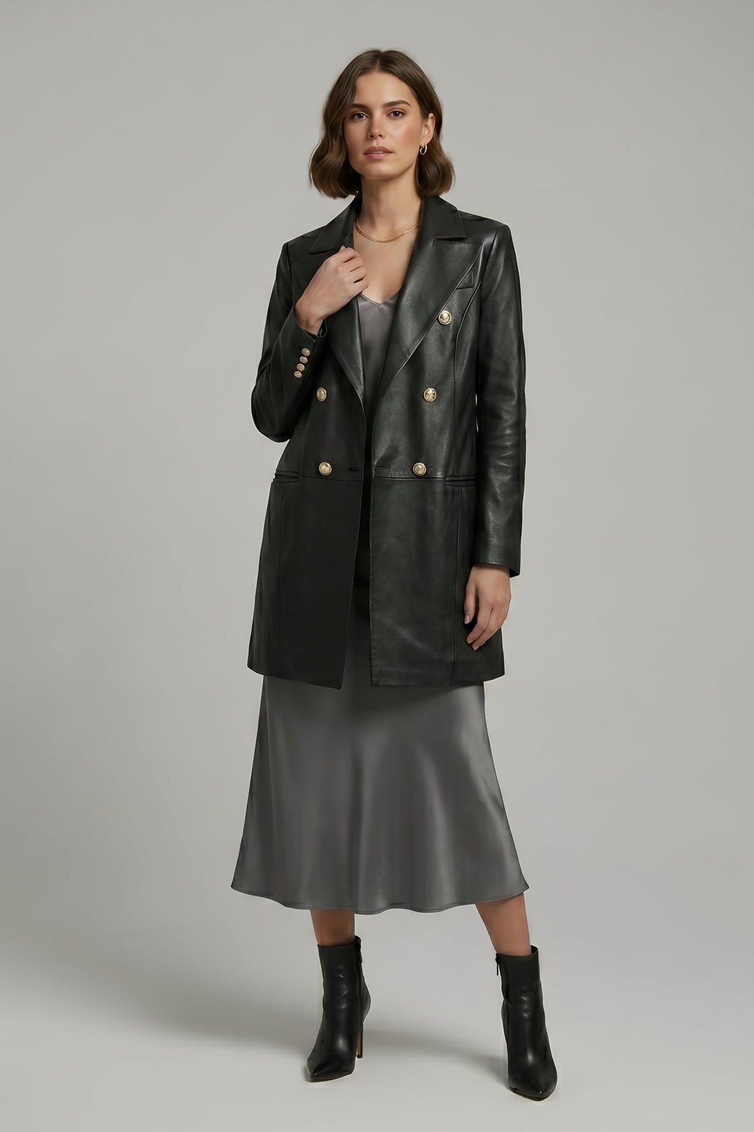 Freya - Suit Collar Leather Coat, Double-breasted, Black, hand touching collar