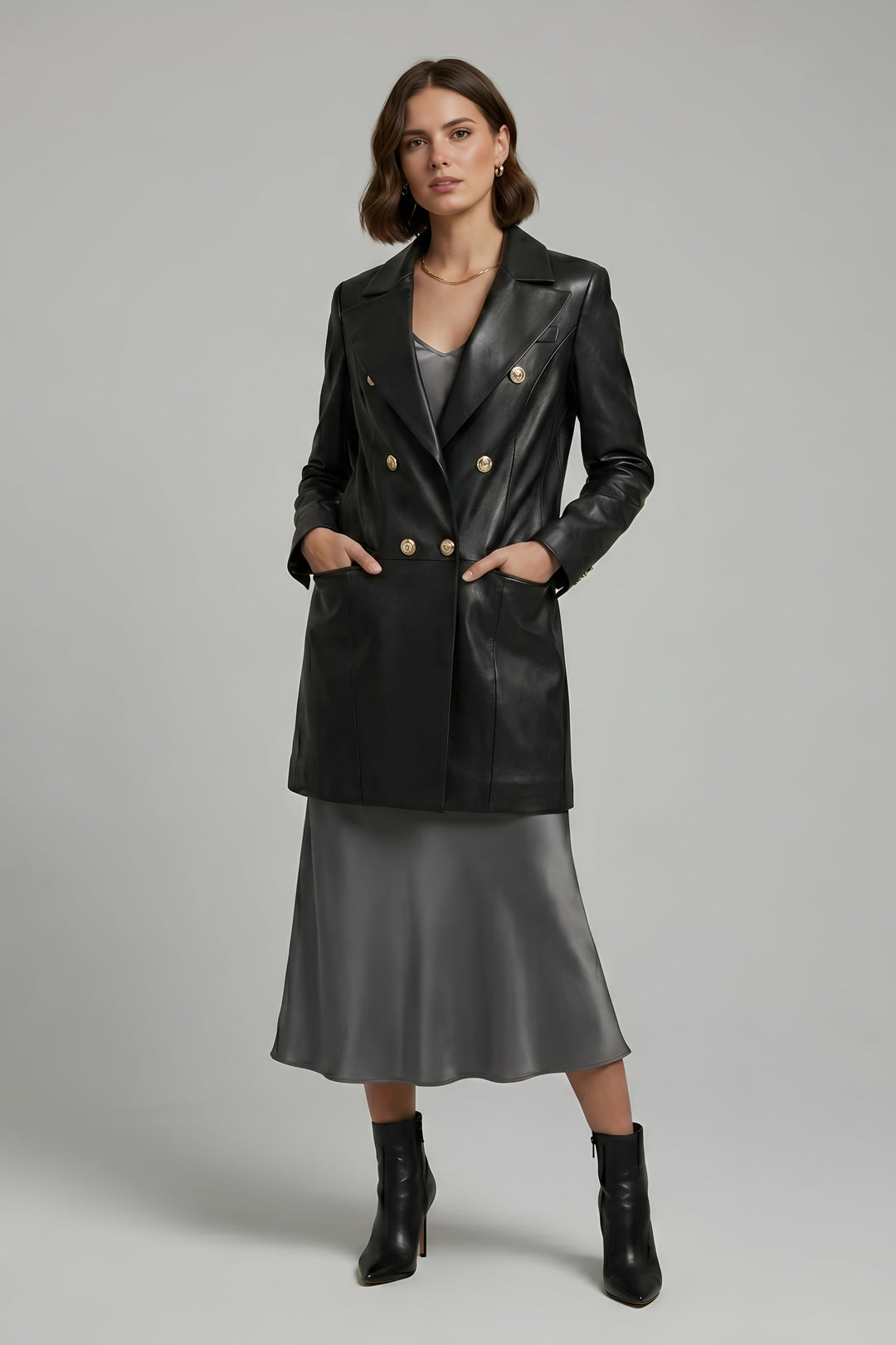 Freya - Suit Collar Leather Coat, Double-breasted, Black, hands in pockets