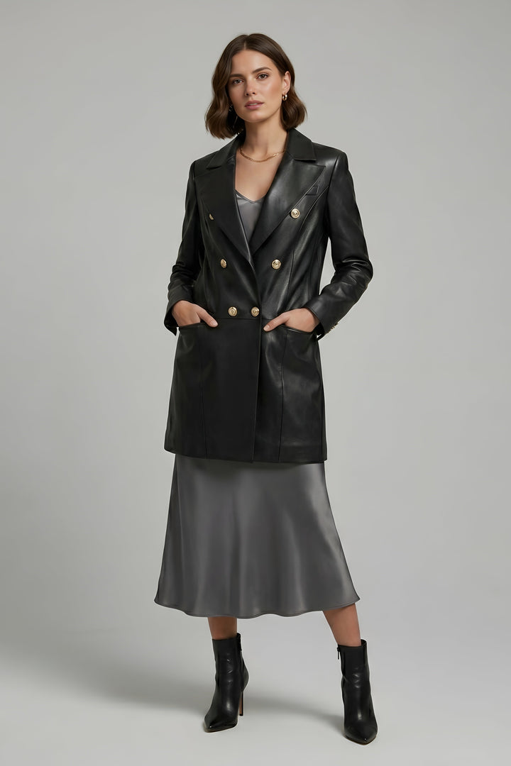 Freya - Suit Collar Leather Coat, Double-breasted, Black, hands in pockets