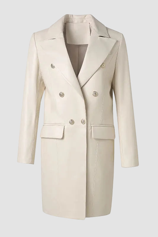 Freya - Suit Collar Leather Coat, Double-breasted, Cream, Gold Buttons