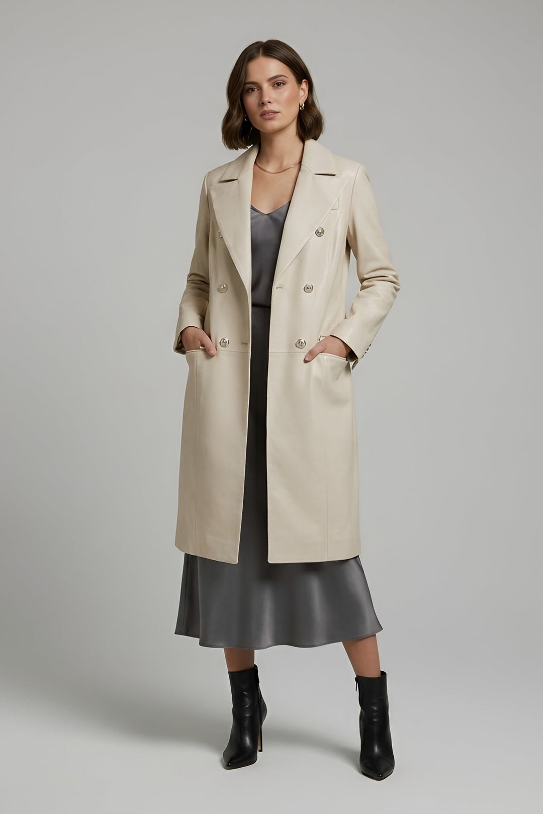 Freya - Suit Collar Leather Coat, Double-breasted, Cream, hands in pockets