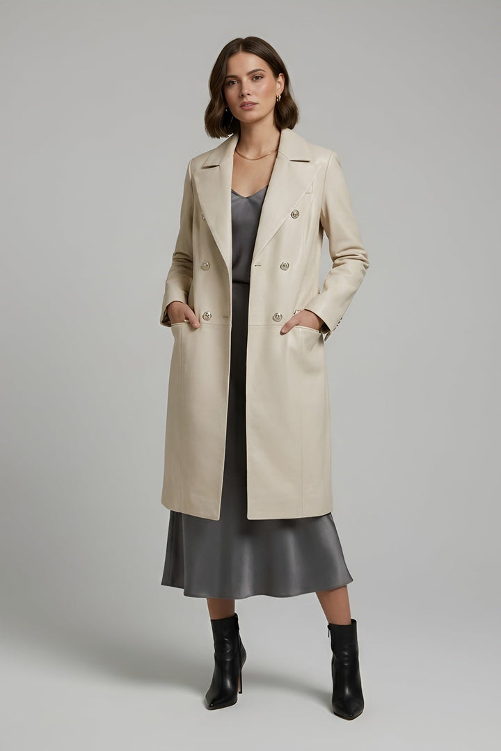 Freya - Suit Collar Leather Coat, Double-breasted, Cream, hands in pockets