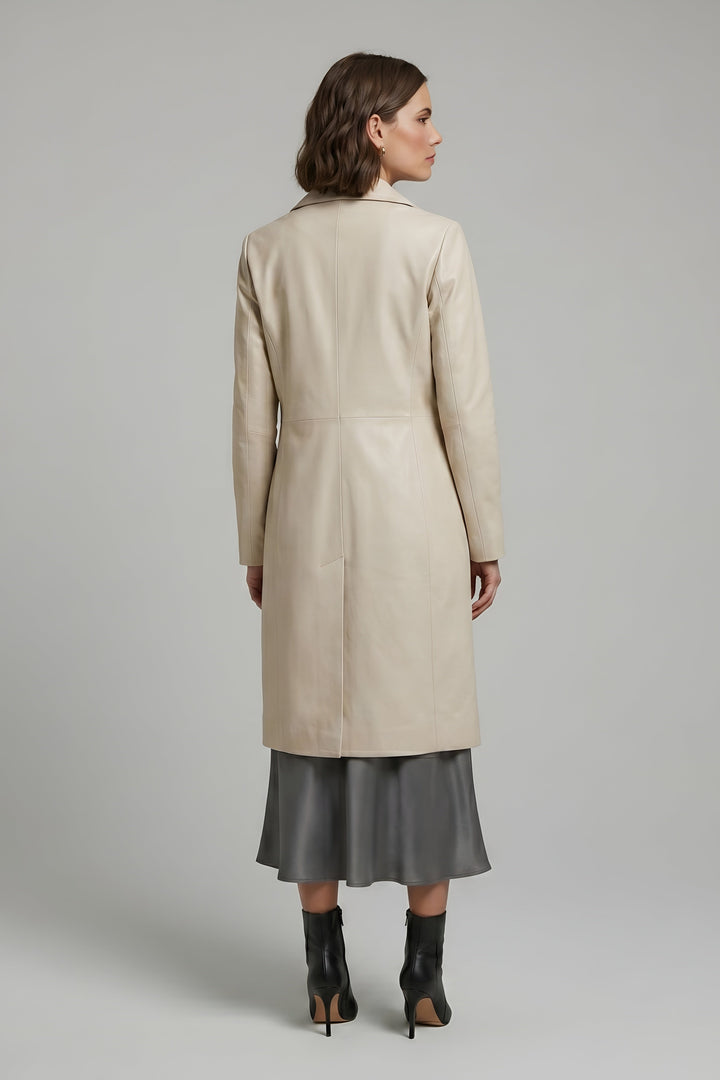 Freya - Suit Collar Leather Coat, Double-breasted, Cream, rear view