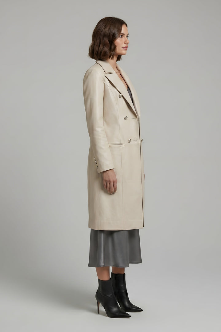 Freya - Suit Collar Leather Coat, Double-breasted, Cream, side profile view