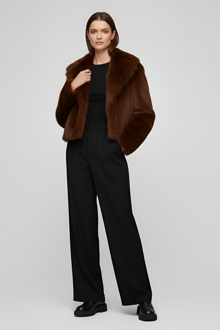 CAMELIA Faux Fur Winter Coat Warm Heritage front view, luxury brown faux fur winter coat for women, warm heritage inspired outerwear with refined silhouette