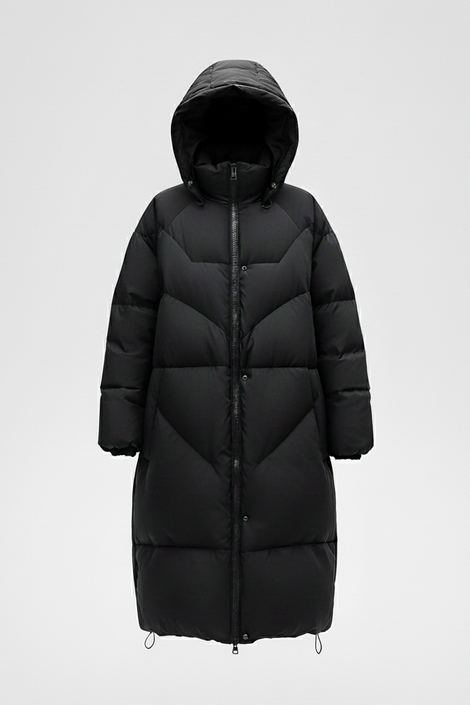Front view model in black Hooded Down Coat