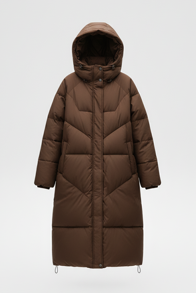 Front view model in brown Hooded Down Coat