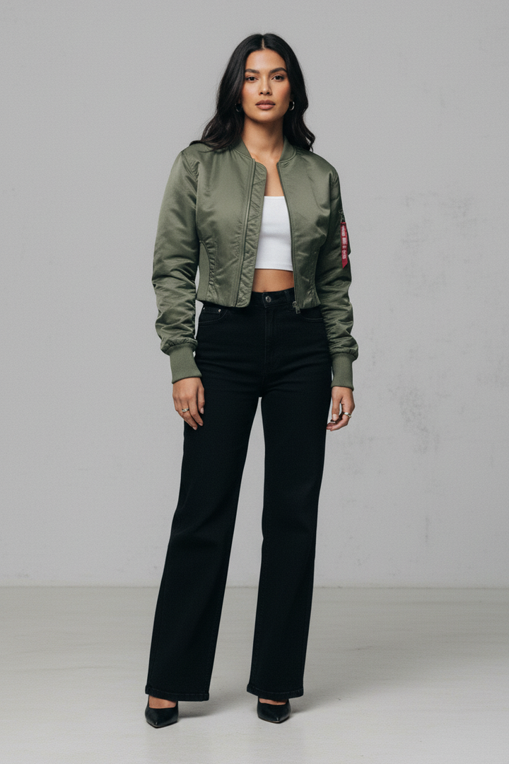 Front view of AERLYN Cropped Bomber Jacket showing embroidery detail and cropped silhouette.