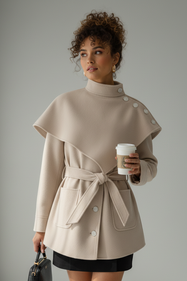 Front view of ELENZGA Wool Blend Long Coat showing single-button closure and adjustable belt.