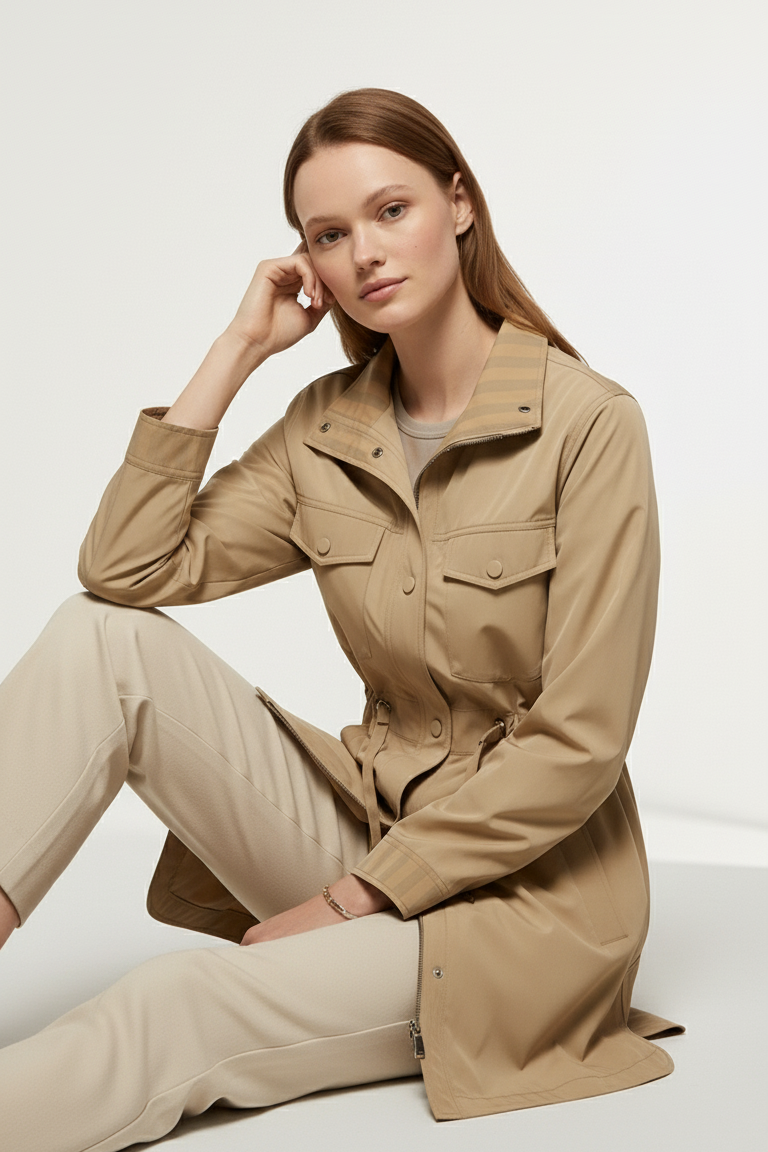 Front view of EVELON Spring Trench Coat in camel color highlighting button closure and pockets.