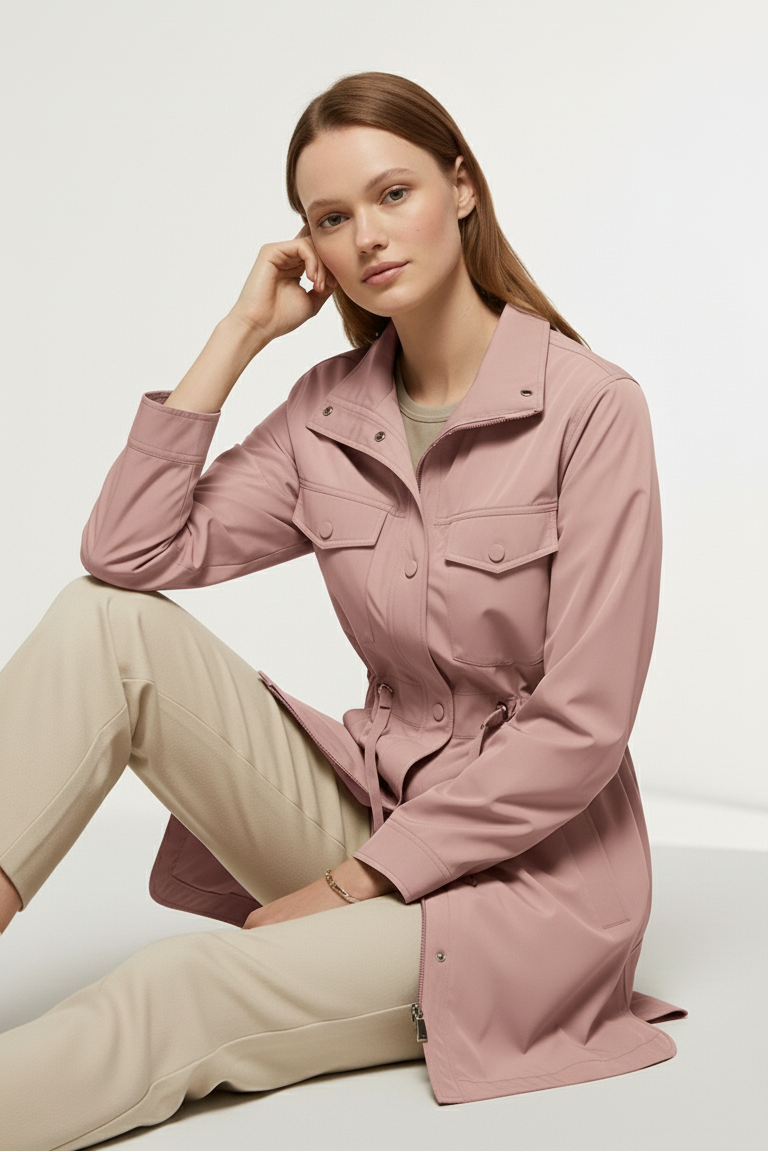 Front view of EVELON Spring Trench Coat in pink color highlighting button closure and pockets.