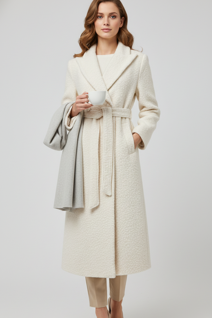 Front view of EZWEAR Wool Blend Long Coat showing shawl collar and long minimalist silhouette.