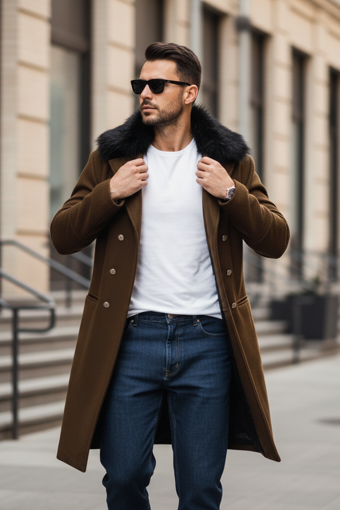 Front view of HARLENE Wool Blend Double-Breasted Coat showing elegant English design and belted waist.