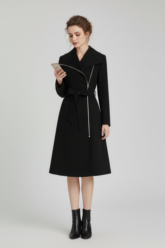 Front view of LEONA Wool Blend Long Coat highlighting slim fit and longline silhouette.