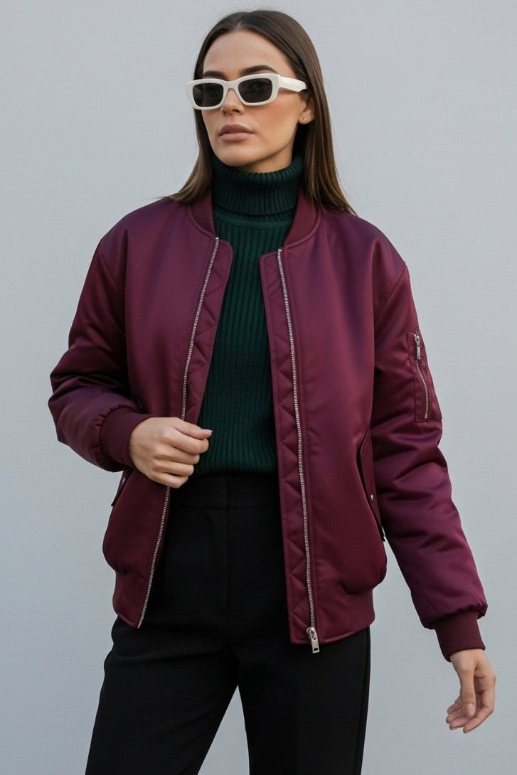 Front view of LYRIEL Purple Puffer Bomber Jacket highlighting rib-knit cuffs and warm padded design.