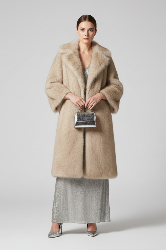 Front view of MAWEII Faux Fur Long Coat showing soft fuzzy texture and cascade collar.