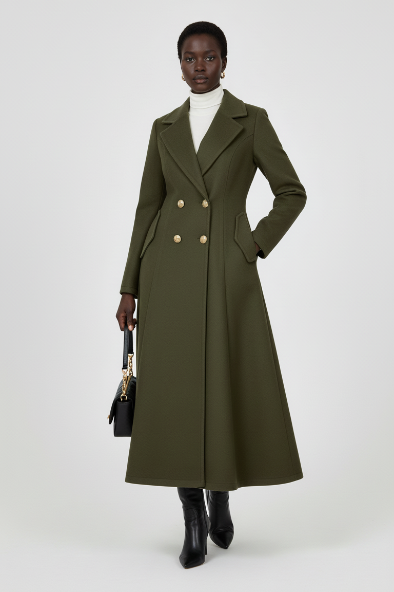 Front view of MAWEII Wool Blend A-Line Coat showing square lapel collar and double-breasted buttons.