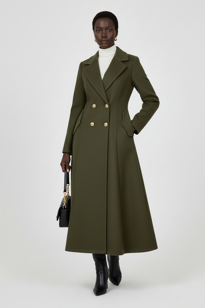 Front view of MAWEII Wool Blend A-Line Coat showing square lapel collar and double-breasted buttons.