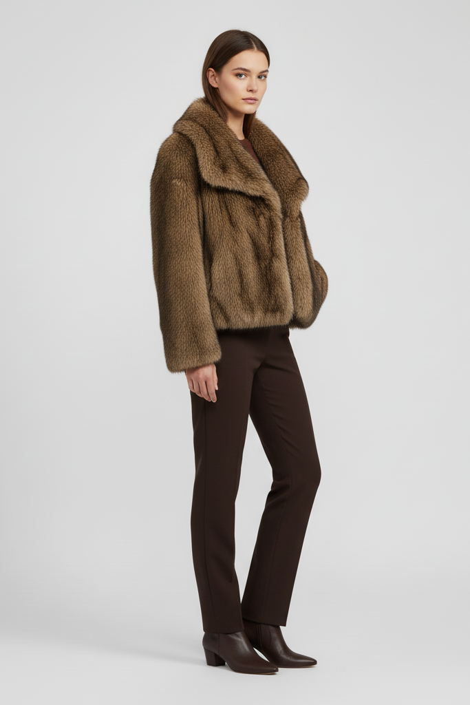 Front view of SEELIA faux fur short coat showcasing cozy warm texture.