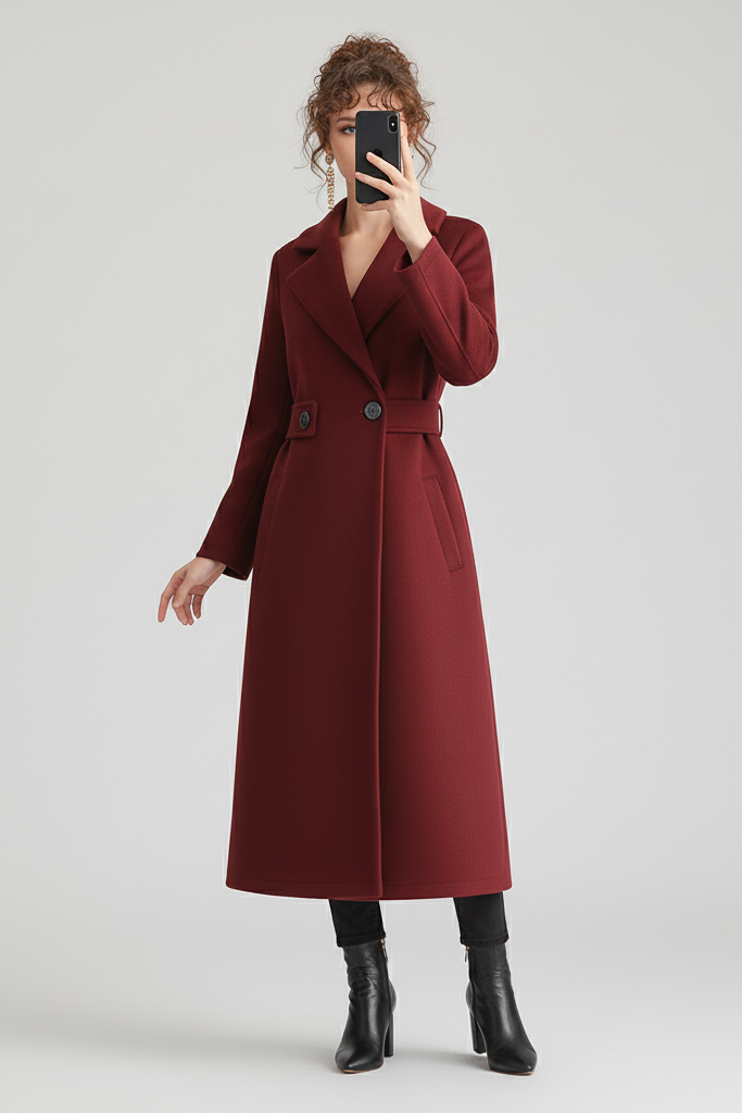 Front view of SMILE CHIC Wool Blend Belted Coat showing lapel collar and decorative belt detail.