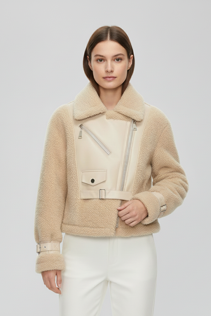 Front view of the ARLYNE Winter Teddy Jacket with thick fleece texture and lapel collar.