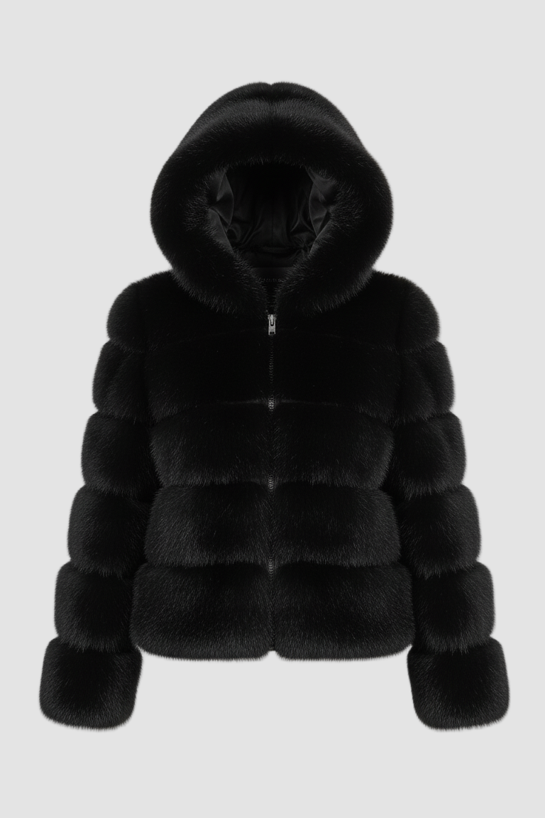 Front view of the FERALYN faux fur jacket showing its soft texture.