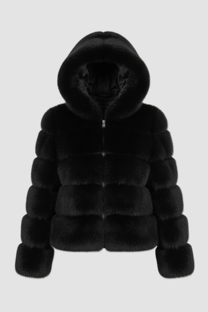 Front view of the FERALYN faux fur jacket showing its soft texture.