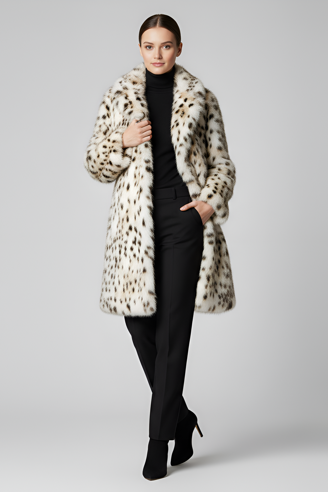 Front view of the LEOVARA coat showing its bold leopard print.