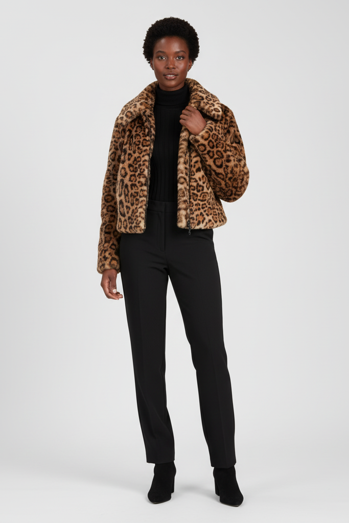 Front view of the LEOVARA leopard faux fur coat showcasing its thick texture.