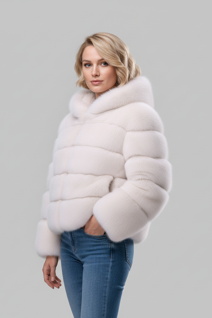 Front view of the LIREN faux fur jacket showing zipper closure and pockets.