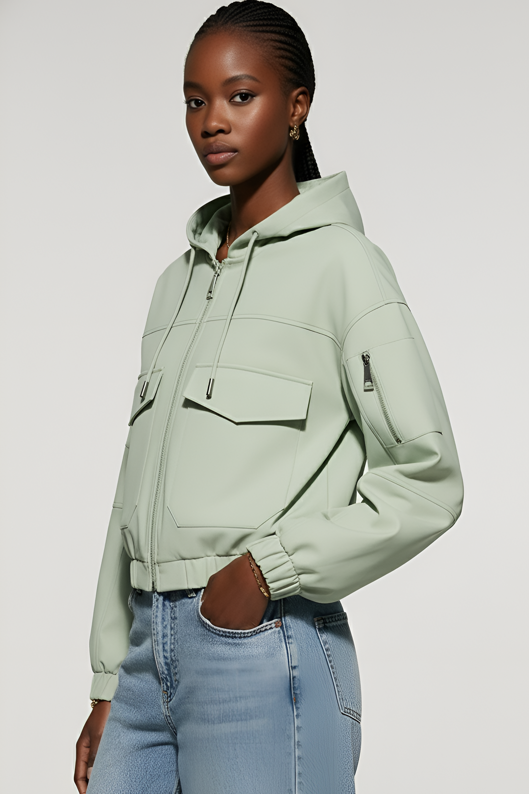 Front view of the MAERIS cropped trench coat showing pockets and minimalist solid color.