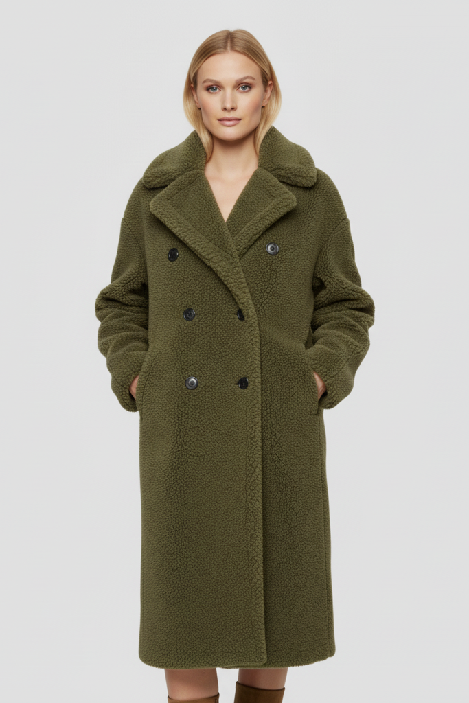 Front view of the MARLEYA Winter Shearling Coat with double-breasted closure and long silhouette.