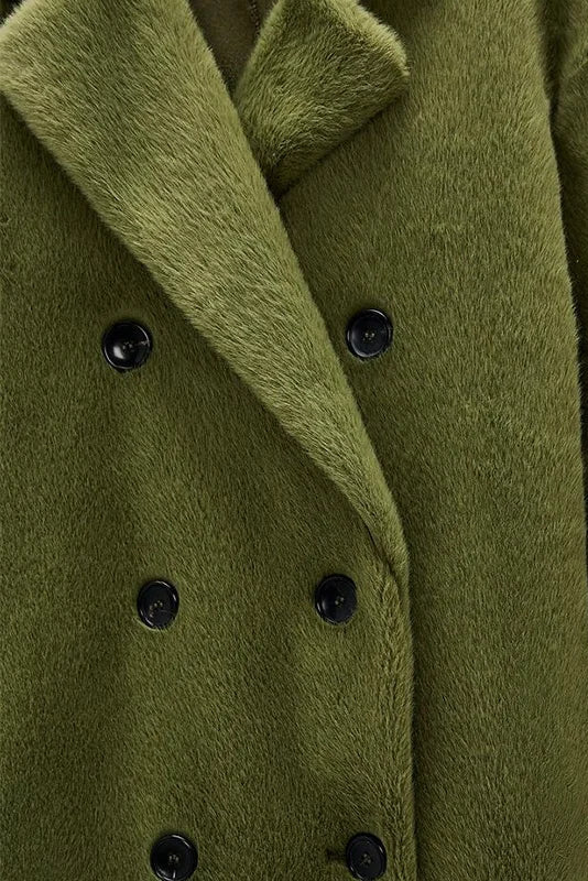Front view of the MARLEYA Winter Shearling Coat with double-breasted closure and long silhouette.