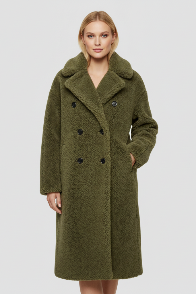 Front view of the MARLEYA Winter Shearling Coat with double-breasted closure and long silhouette.
