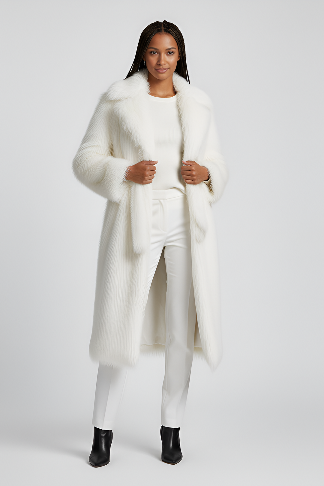 Front view of the MARZELA long faux fur coat showcasing its soft texture.