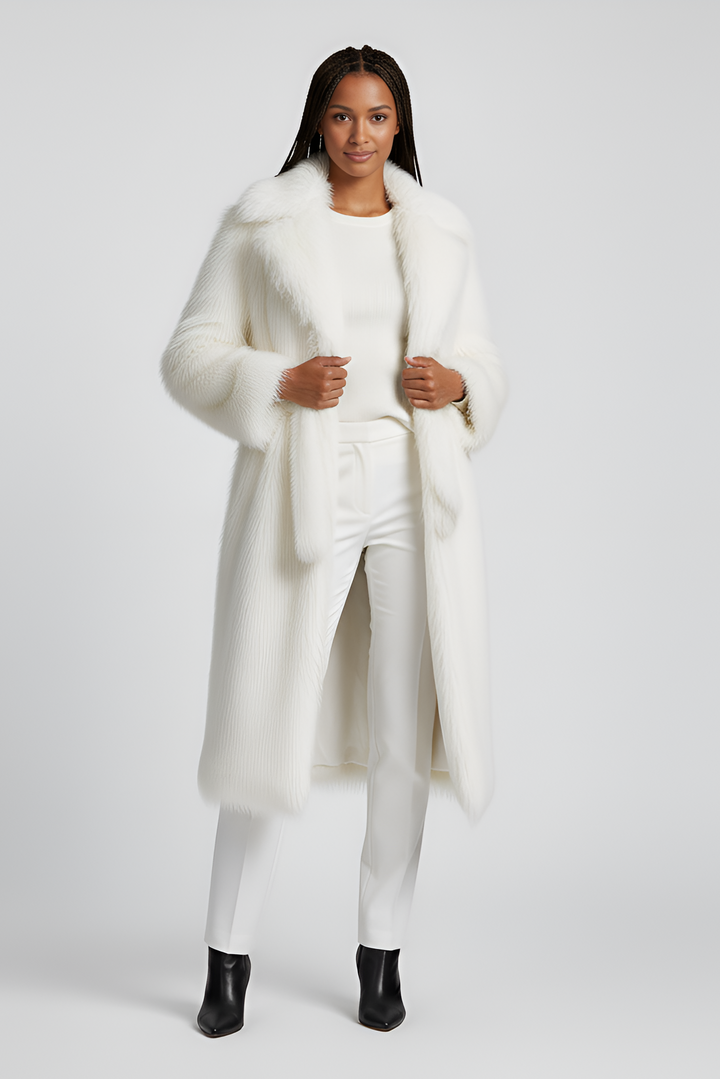 Front view of the MARZELA long faux fur coat showcasing its soft texture.