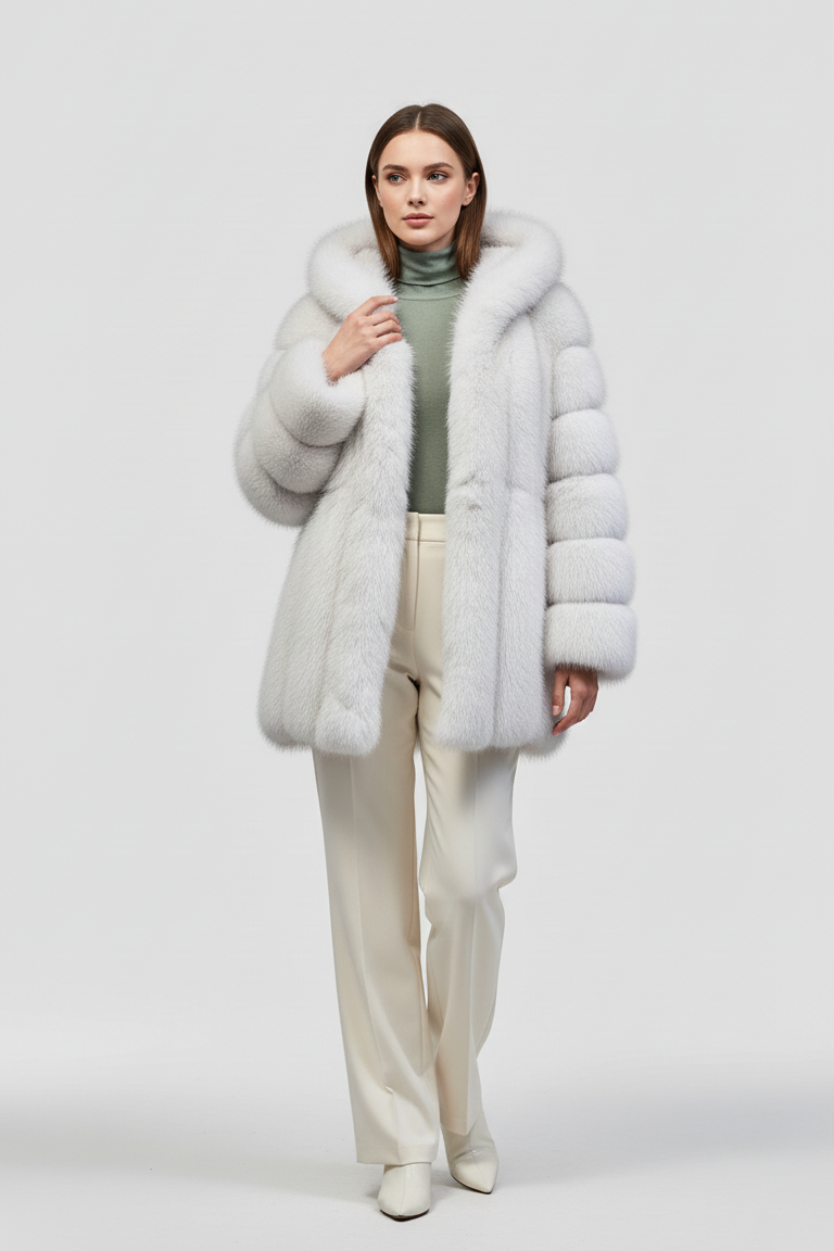 Front view of the MYRALYN faux fur hooded coat showing its plush texture.