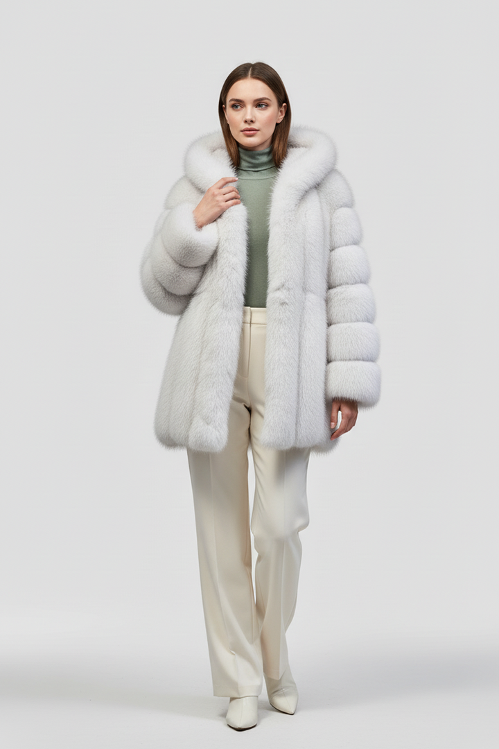 Front view of the MYRALYN faux fur hooded coat showing its plush texture.