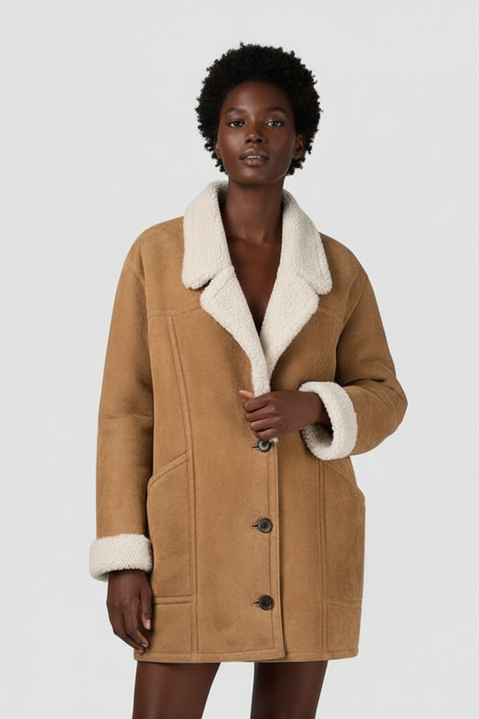 Front view of the NELVIA Korean Winter Coat with thick faux-fur texture and stand collar.